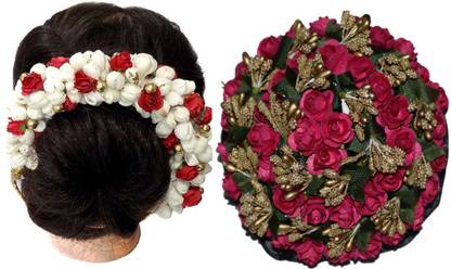 VinshBond Fancy Design Flower Hair Gajra Juda/ Bun Full Juda Combo / Artificial Flower Mogra Gajra / Bun For Girls & Woman , Multicolour (Pack- 02) Bun