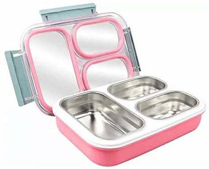 S M CREATION Stainless Steel Lunch Box with 3 Compartments 1.2ltrs, Tiffin Box, Snacks Box with Removable Inner Bowls (Pink) 1 Containers Lunch Box