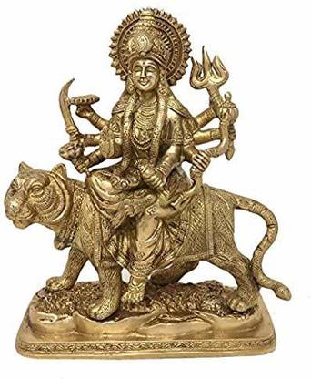 Idolsplace Shri Durga MATA Sitting on Tiger Astadhatu Brass Idol/Byaghra Devi Brass Idol/Durga Bhawani MATA Brass Idol/Katyayani, Bhubaneswari, Mahisa Mardini MATA Brass Idol 300gms डेकोरेटिव शोपीस - 5 cm
