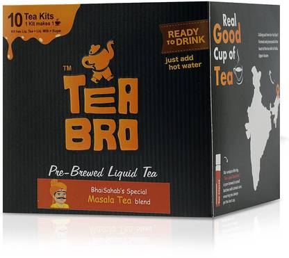 Tea Bro Pre-Brewed Instant Liquid Tea, Ready to Drink | 10 Tea Kits with (Liq.Tea + Liq.Milk + Sugar) - BhaiSahab's Special, Masala Tea Blend Tea Box
