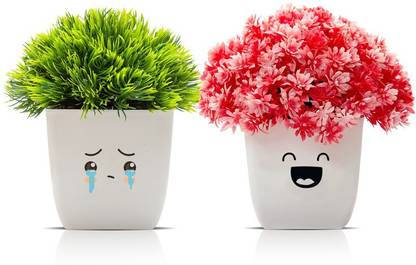 Amputive Green, Pink Cherry Blossom Artificial Flower  with Pot