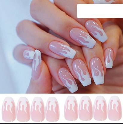NAIL ART Light Pink with White Designee Artificial Nails set of 12 pink