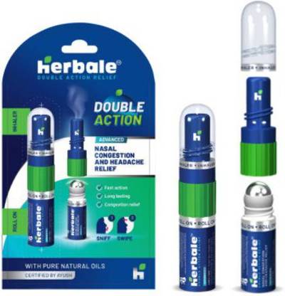 Herbale Double Action Relief - Inhaler & Roll on for headache & Nasal congestion with natural ingredients (Pack of 3 x 2.5 ml) Inhaler