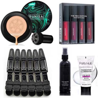 Plethora Mini Liquid Matte Lipstick & Sunisa 3 in 1 Mushroom Head Air Cushion CC Cream Foundation & Crocodile Section Clip & Makeup Fixer & Makeup Primer