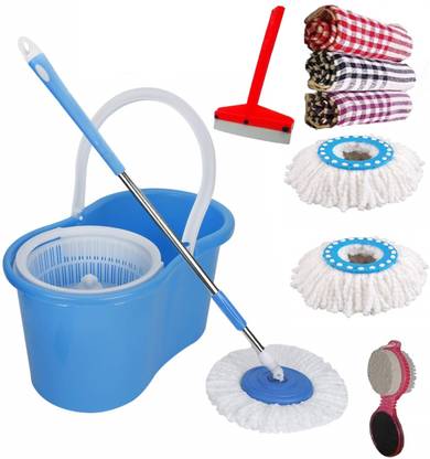 GTE Easy Magic Spin Floor Mop 360 Degree Bucket Mop with Plastic Spinner 3 Refill Mop Combo Duster, Cleaning Cloth, Kitchen Wiper, Mop