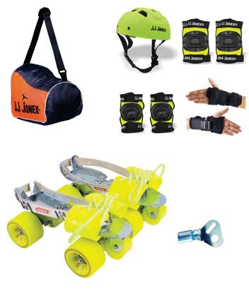 JJ Jonex GOLD Adjustable Skates Combo (Pvc Helmet+Knee pad+Elbow pad +Gloves + Key+Bag) MEDIUM (6-15 AGE) (MYC) Skating Kit