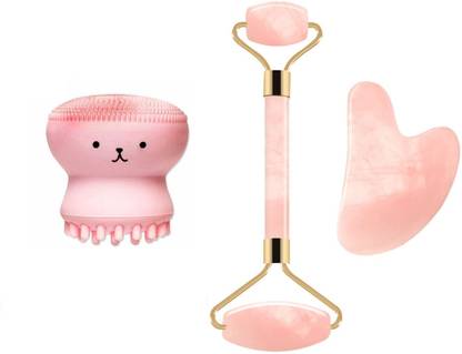 Getmecraft Rose Quartz Roller Gua Sha Set with Face Cleaning Brush Jade Roller & Gua Sha Set WITH FREE SILICON OCTOPUS SHAPE FACE CLEANING BRUSH, Face Roller, Facial Beauty Roller Skin Care Tools Rose Quartz Massager for Face, Eyes, Neck, Body Muscle Massager