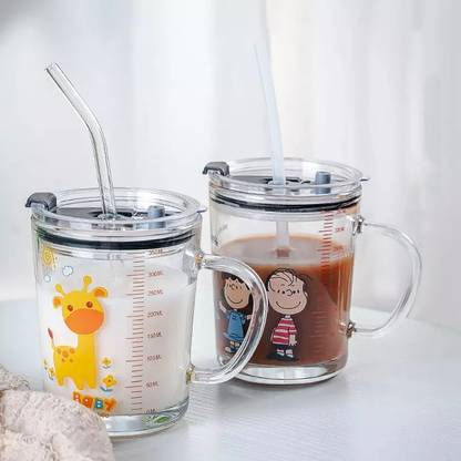 Avresta Cartoon Animal Glass Water Cup With Scale With Lid Simple Cute Milk Cups Glass Coffee Mug