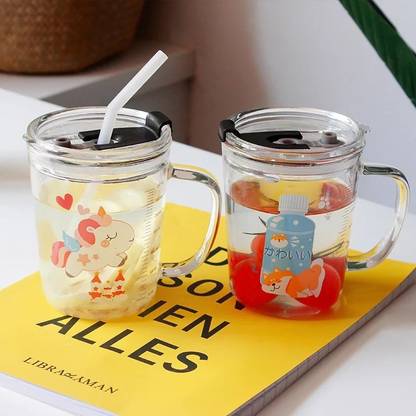 Avastro Kids Drink Cup Children Cup Milk Breakfast Straw Glass Milk Tea Cup with Water Cup with Transparent Lid Unicorn Scale Cup For 4Y Glass Coffee Mug