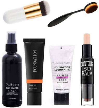 Plethora Professional Foundation White Brush and Oval Foundation Brush & MAKEUP 3D BALM STICK WITH ALL GLAMOROUS GLOW SKIN FACE MAKEUP COMBO