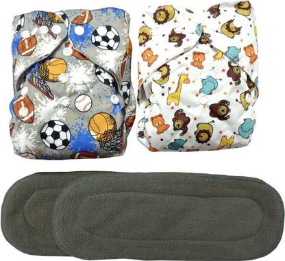 kogar All New Solid Printed Teddy Football Cloth Diaper With Black 5 Layer Insert For New Born Baby To 2 Year (2 Diaper +2 Insert) - M - L