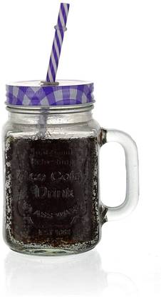 WOO4DONE Glass Jar With Lid And Reusable Straw - 450 ml, 2 Pieces, Random Color Glass Mason Jar