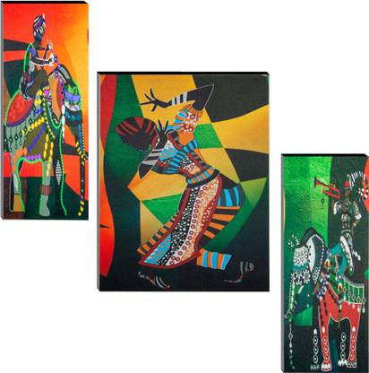 Indianara Set of 3 Indian Folk MDF Art Painting (3556FL) without glass (4.5 X 12, 9 X 12, 4.5 X 12 INCH) Digital Reprint 12 inch x 18 inch Painting