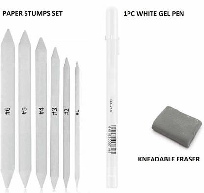 ARTTWALA White Paper Stump/Art Blender/Tortillons to Smudge or Blend Charcoal, Crayon & Graphite (with Kneadable Eraser & Highlighter Pen)