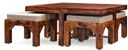 Douceur Furnitures Solid Wood SHeesham Wood Coffee Table With 4 Stools For Living Room / Cafe Solid Wood Coffee Table