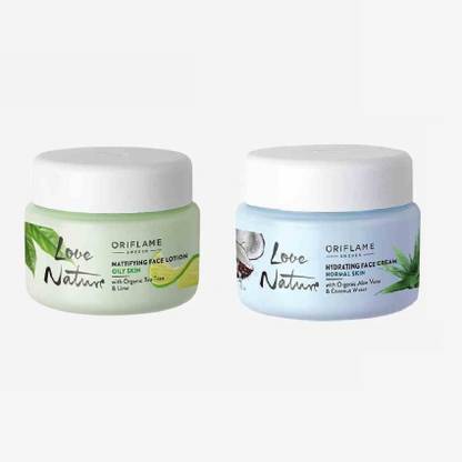 Oriflame LOVE NATURE Hydrating Face Cream with Organic Aloe Vera & Coconut Water and Mattifying Face Lotion with Organic Tea Tree & Lime