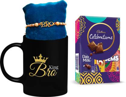 Cadbury Black Mug With chocolate And kundan Rakhi For Brother bhai Bro, Gift For Rakhi , Sibiling , cousin, elder younger Brother , 1 Mug , 1 Rakhi ,1 Chocolate Celebration ,1 Roli Rice Pack , 1 Greet Card Combo