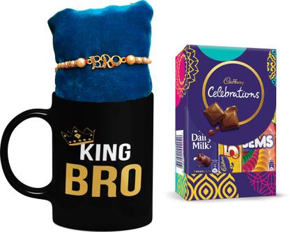 Cadbury Chocolate Pack With King Bro Mug And Kundan Bro Rakhi, 1 Rakhi set, 1 Roli Tilak Pack, 1 celebration pack, 1 Rakshabandhan greet card, Combo gift for brother, bhai, sibling, ceramic mug, coffee mug combo set Combo  (3)