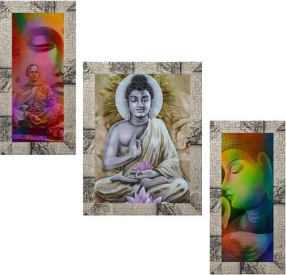 Indianara Set of 3 Gautam Buddha Framed Art Painting (3560MW) without glass (6 X 13, 10.2 X 13, 6 X 13 INCH) Digital Reprint 13 inch x 10.2 inch Painting