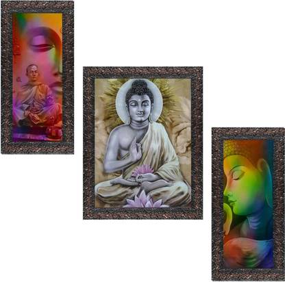 Indianara Set of 3 Gautam Buddha Framed Art Painting (3560GBN) without glass (6 X 13, 10.2 X 13, 6 X 13 INCH) Digital Reprint 13 inch x 10.2 inch Painting