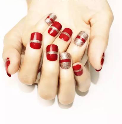 NAIL ART Red With Golden Design Bold Artificial Nails set of 12 red, golden