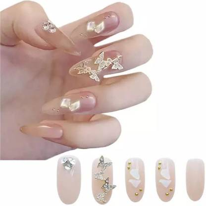 NAIL ART pink sparkle with butterflies stone party look Artificial nails set of 12 white