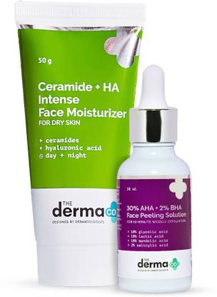 The Derma Co Glowing Skin Combo - 30% AHA + 2% BHA Face Peeling Solution (30 ml) + Ceramide + HA Intense Face Moisturizer (50 g)