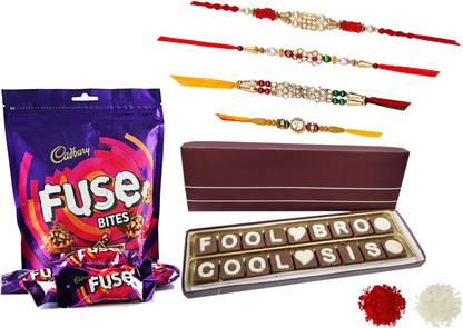 FabBites Fool Bro Cool SIS Chocolate Message with Cadburry Fuse Bites Pack and 4 Rakhi Roli and Chawal Combo