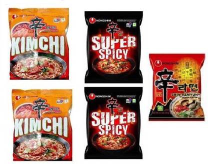 Nongshim Red Super Spicy noodles 2X120 & kimchi Koreans Instsnt Noodles 2X120gm & Shin Ramyun 120 (Imported) (Combo Pack) ( Pack of 5) Instant Noodles Vegetarian