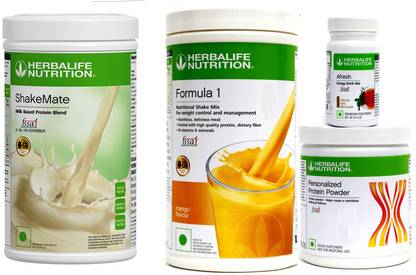 Herbalife Nutrition < FORMULA 1 MANGO+NEW SHAKMATE +PROTIEN POWDER WITH AFRESH TULSI SET OF 4 PCS Plant-Based Protein
