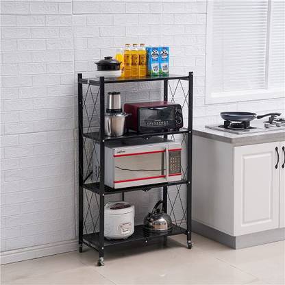 lukzer 4 Layer Multi-functional Foldable Floor Standing Storage Rack with Caster Wheels Metal Wire Shoe Stand Heavy Duty Space Saving Home Storage Organizer Shelf (127 x 70 x 34cm) Iron Wall Shelf