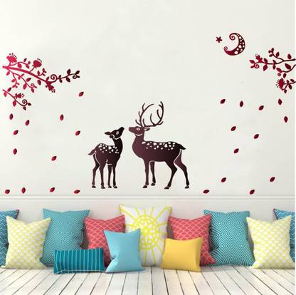 GLOBAL GRAPHICS 101 cm decorative colourfull tree with moon cute deers wall sticker (pvc vimnyl) Reusable Sticker