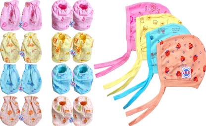 V.B.K Born Baby Care Combo Pack Of Hand Mittens (4 Pair), Leg Booties (4 Pair) and Cap (4 Piece), 0 to 4 Months