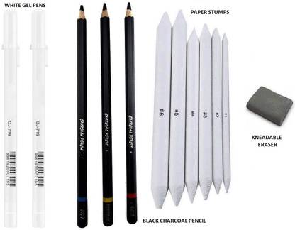 आर्टवाला Art Black Charcoal Pencils (Pack of 3), 0.8mm White Pen for Reflection and Highlighting Effect (Pack of 2) with Paper Art Blending Stumps (Pack of 6) and Kneadable Eraser for Pastel, Graphite & Charcoal Pencils