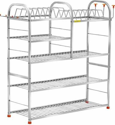 SHREE SINGHAL Utensil Kitchen Rack Steel Stainless Steel 5 Shelf Wall Mount Kitchen Racks | Dish Rack with Cutlery and Plate Kitchen Stand | Modular Kitchen Bartan Stand | Kitchen Organizer Items (31x 30inches)