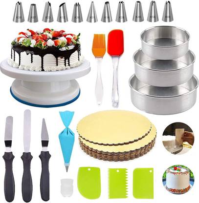 RAJJA 12 Piece Cake Decorating Set Frosting Icing Piping Bag Tips with Steel Nozzles Reusable & Washable Silicone Spatula and Pastry Brush Set Special for Cake Mixer, Cooking, Baking, Glazing - Set of 1 3 Pcs Set Round Shape Cake Moulds Teflon Non Stick Baking Can be Used in Microwave Oven (Black) Kitchen Tool Set