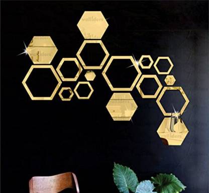 BEST DECOR 50 cm 4 Hexagon 12 Shapes Hexagon Golden-BD/514 Glow in the Dark Sticker