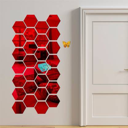 SWATI ART GALLERY 17.78 cm 28 Hexagon Red 10 Butterfly Golden-256 Self Adhesive Sticker