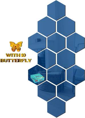 LOOK DECOR 20.32 cm 14 Hexagon Blue 10 Butterfly Golden-220 Self Adhesive Sticker