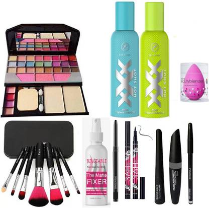 Bingeable BLACK Smudge Proof Kajal,3in1 Combo set,36h Eyeliner,Washable Makeup Sponge/Puff ,Set of 7 BLACK/PINK Makeup Brushes,Long Lasting Makeup Fixer Spray All in One Best Makeup kit 6155 (Eyeshadow,Blusher,Compact,Lip Gloss) & XXX Rated Hot shot Mini Pocket Perfume For Womens (Pack of 2 Blue,Green)