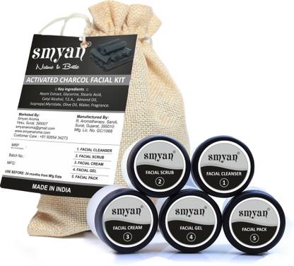 SMYAN Activated Charcoal Facial Kit With Facial Cleanser, Exfoliating Scrub, Nourishing Cream, Massage Gel, Face Pack - For Purified & Glowing Skin, Suitable For All Skin Type - For Men & Women, 125g