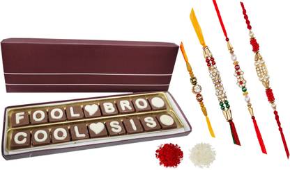 FabBites Fool Bro Cool Sis Chocolate Message with 4 rakhi roili and chawal Combo