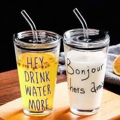 dhyani (Pack of 2) Printed Glass with Airtight Lid and Straw Children's Breakfast Milk Coffee Mug Glass Set Water/Juice Glass