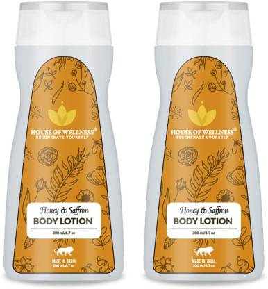 House of Wellness Honey and Saffron Body Lotion for Dry Skin | Natural Nourishing, Non Sticky moisturizer | No Mineral Oil, Silicon Free - Pack of 2 (400 ml)
