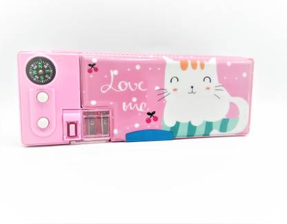 Gold Leaf Kitty Multi-function Pencil Case, Pencil Box with 2 Compartments for Students with Out Pencil Sharpener and Paper clip (Pink) Kitty Art Plastic Pencil Box