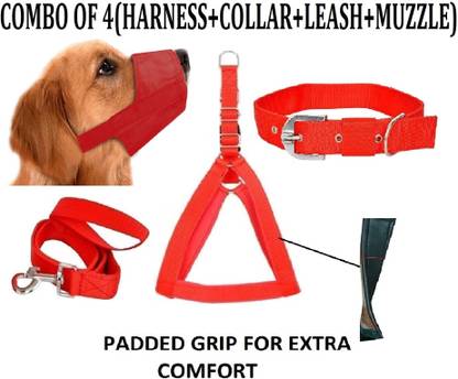Hachiko Best Quality Dog Padded Belt Harness+Leash+Collar+Dog Mouth Muzzle(Combo of 4) Dog Harness & Leash