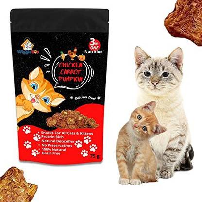 WiggleBoo Chicken, Carrot & Pumpkin Cat Treat | Travel Pack | Protein Rich | Natural Detoxifier | 100% Natural Crunchy Snack | 75g Chicken, Vegetable Cat Treat