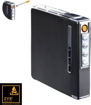 ZVR CIG BOX SILVER FLAMELESS 1 Flameless Rechargeable Lighter Cum Carry Case Automatic Ejection Storage Box (For 20 Pieces) Automatically Pushes Cigarette Lighter (Silver) (Platinum Series) Electronic USB Cigarette Lighter Pocket Lighter