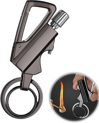 ALA Flame Match Lighter + Keychain, Emergency Survival Gear with Flint Metal Matchstick Fire Starter Kerosene Refillable Lighter, Bottle Opener and Mountaineering Buckle - Silver Pocket Lighter