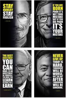 Steve Jobs, Warren Buffett, Jack Ma, Bill Gates, Motivational Wall Posters and Inspirational Quotes for Office, Home and gym, Pack of 04 Paper Print